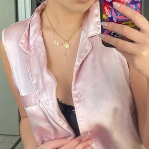Pink silky button down pajama top